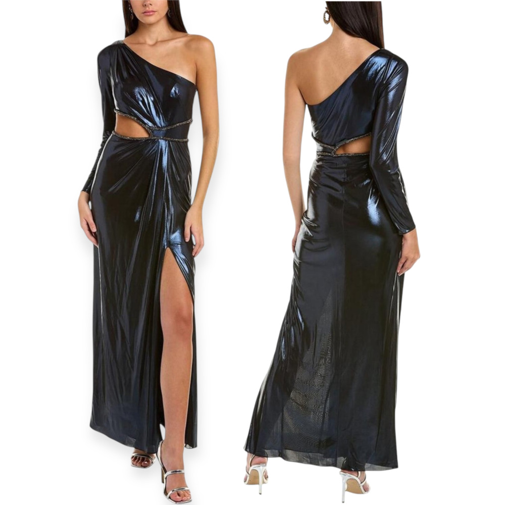 Marchesa Notte One Shoulder Maxi Dress Blue Metallic Gown Crystals Size 10 M NWT - Picture 5 of 8